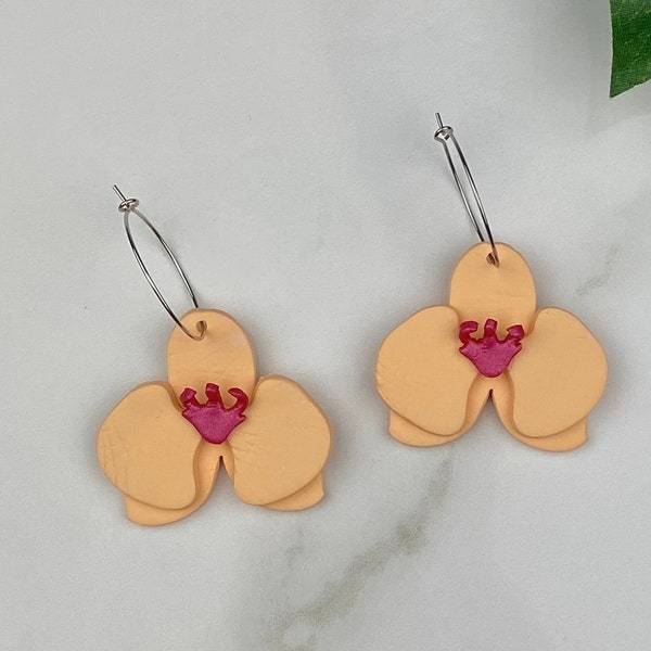 Orchid Earrings | Polymer Clay Earrings | Flower Earrings | Clay Earrings | Peach Orchid Earrings | Hoops | Handmade | Floral Earrings