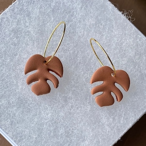 Small Monstera Earrings, Clay Earrings, Hoop Earrings, Fall Earrings, Handmade Earrings, Clay Earrings, Statement Earrings, Boho Earrings