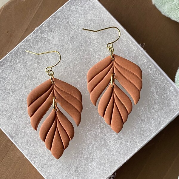 Orange Clay Earrings, Fall Earrings, Leaf Earrings, Burnt Orange Earrings, Fall Accessories, Handmade Earrings, Statement Earrings, Dangles