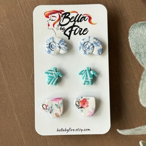 Ocean Stud Pack, Blue & White Studs, Turtle Studs, Coffee Cup Studs, Teal Studs, Floral Studs, Seashell Studs, Clay Stud Earrings