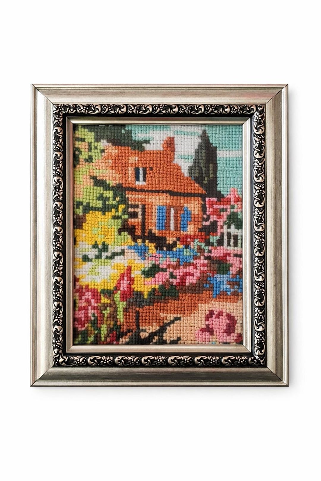 Handmade Needlepoint Cottage Wall Art – Framed Embroidery Landscape ...