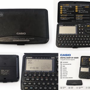 May include: A black Casio Digital Diary SF-4300R, a vintage 90s electronic organizer. The device has a small screen, a full keyboard, and a flip-up lid. The text on the device reads "32KB Digital Diary SF-4300R Multi-lingual Messages."
