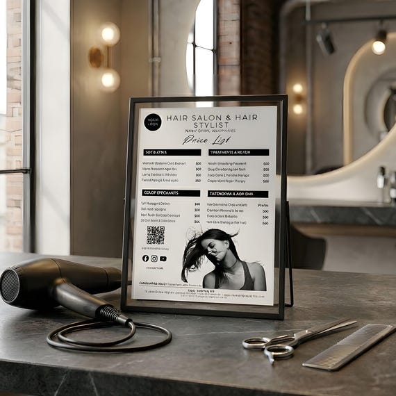 Minimalist Hair Salon Price List Template, Modern Stylist Service Menu (A4)