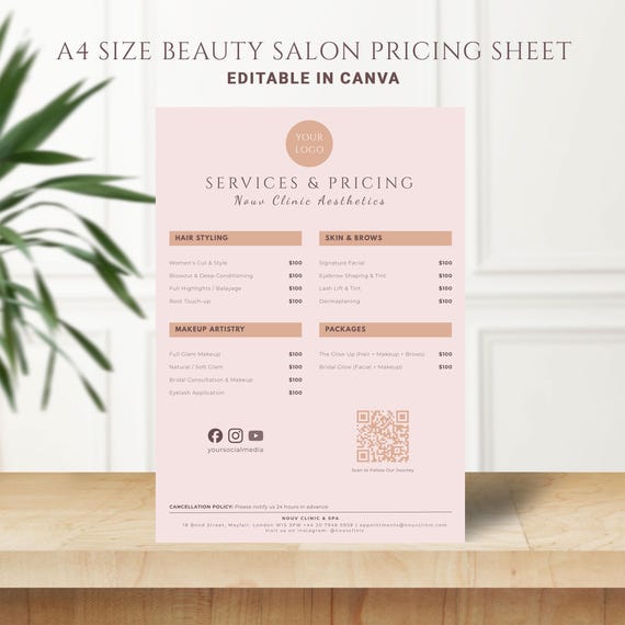 Editable Beauty Salon Price List – Canva Service Menu Template (A4)