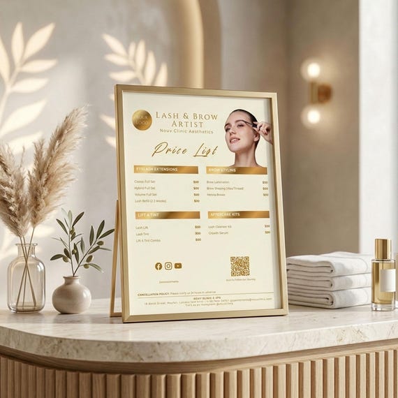 Gold Lash Brow Price List Template, Editable Canva Eyelash Menu