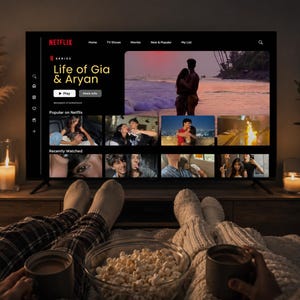 May include: A television screen displaying the Netflix interface with the title Life of Gia & Aryan, featuring a hero image of a couple on a beach at sunset, navigation menus, and rows of thumbnails for popular and recently watched content.