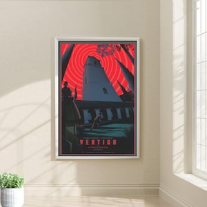 May include: A red and black poster with a stylized illustration of a building with a tower. The poster has the title "VERTIGO" with the names "Alfred Hitchcock", "James Stewart", and "Kim Novak" in smaller text below.
