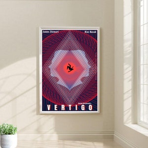 May include: A minimalist poster design for the film Vertigo, featuring a red and blue geometric pattern with a silhouette of a person falling in the center. The title "Vertigo" is in large white letters at the bottom, with the text "Alfred Hitchcock's" above it. The names "James Stewart" and "Kim Novak" are at the top of the poster.