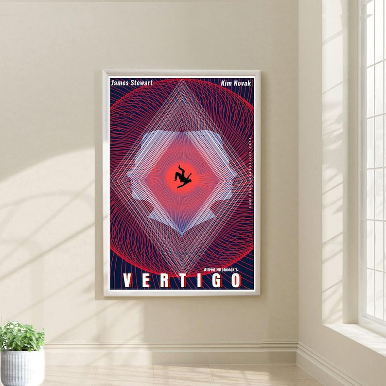 May include: A minimalist poster design for the film Vertigo, featuring a red and blue geometric pattern with a silhouette of a person falling in the center. The title "Vertigo" is in large white letters at the bottom, with the text "Alfred Hitchcock's" above it. The names "James Stewart" and "Kim Novak" are at the top of the poster.