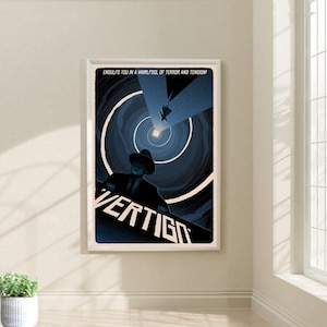 May include: A vintage-style poster for the film "Vertigo" featuring a man in a fedora looking down a spiral staircase. The text "ENGULFS YOU IN A WHIRLPOOL OF TERROR AND TENSION!" is at the top of the poster.