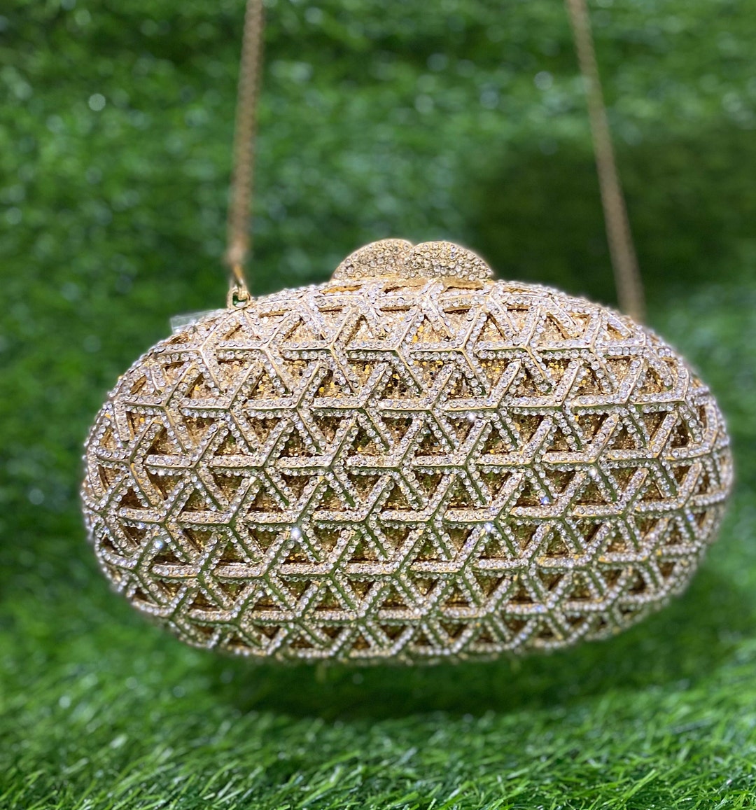 Heavy Stone Work Gold Clutch Bag Oval Clutch, Wedding Bag, Evening Wear