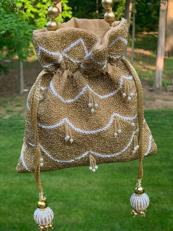 Gold & White Beaded Sequin Potli Bag Wedding Bag/evening 