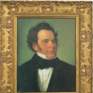 May include: A framed portrait of a man with dark hair and a mustache, wearing a black suit, white shirt, and a black bow tie. He is wearing glasses and has a serious expression on his face.