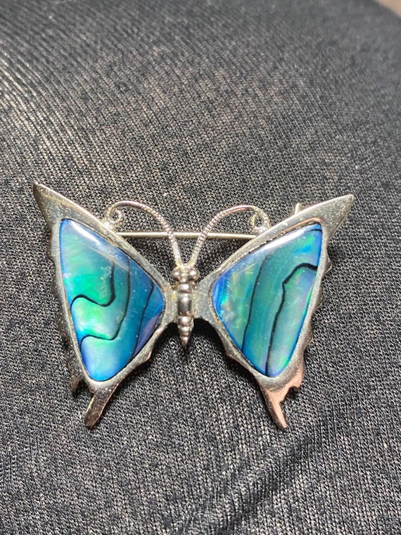 Abalone Shell Small Butterfly Brooch Pin Sliver - image 1