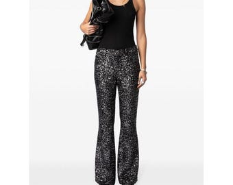 Zadig & Voltaire Prevy Sequins Noir Flared Pants WWPA00808 Size 38 NEW