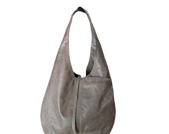 Lucky Brand Taupe Grey Distressed Leather Slouchy Hobo Shoulder Bag Large Boho
