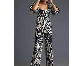 Farm Rio for Anthropologie Black White Tropical Linen Blend Jumpsuit Medium