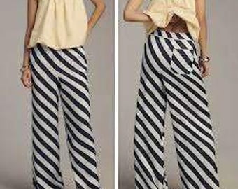 Anthropologie Maeve The Brooklin Blue Striped Wide-Leg Pull-On Pants Size Med