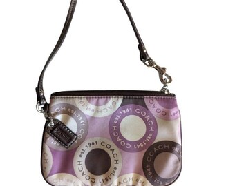 Coach Purple Brown Op Art Circle Logo Sateen Leather Trim Wristlet Pouch Bag