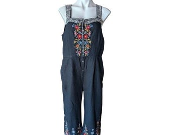 Johnny Was Black Linen Floral Embroidered Boho Jumpsuit Womens Large