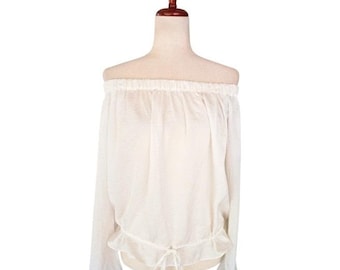 Theory Odettah Ivory Washed Poly Off the Shoulder Bell Sleeve Blouse Top M NEW