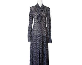 Robe longue vintage boutonnée en jabot à volants géométriques Blue Label Ralph Lauren