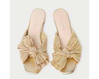 Loeffler Randall Daphne Gold Pleated Bow Flat Slide Sandals Womens 9.5 B