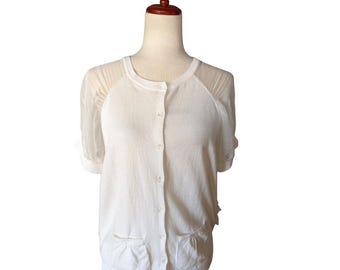 Michael Simon White Cotton Silk Ruffle Back Short Sleeve Cardigan Sweater Medium