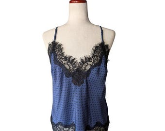 Caraco Gold Hawk Silk imprimé étoiles et bordure en dentelle Bleu tanzanite Taille Small NWT