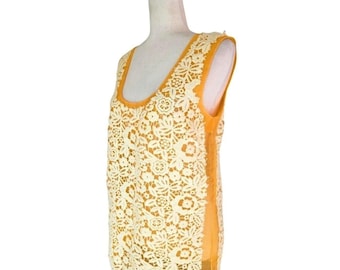 NWT Miu Miu Macrame Lace Tank Top Yellow Sheer Panel Sleeveless Womens Size 38