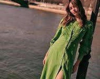 Sezane Selma Green Embroidered Eyelet Linen Blend Maxi Dress Size 38 US 6