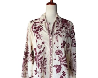 Johnny Was Chemise à col ouvert Aquijio crème brodée bordeaux avec haut fleuri M NEUF