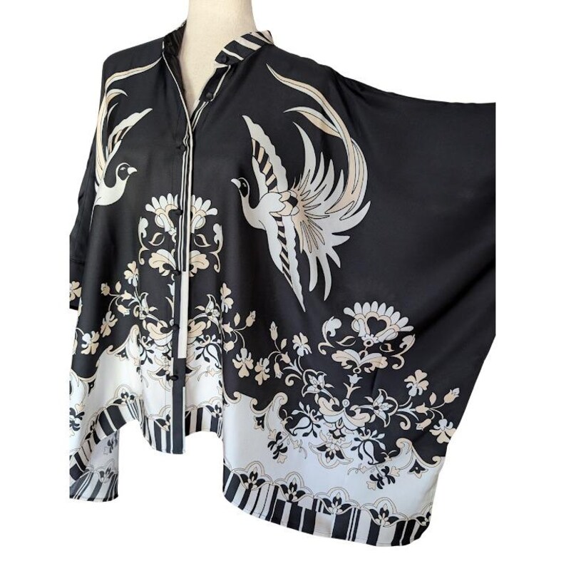 Johnny Was Katia Oversized Blouse Bird of Paradise Silk Blend Black White S/M image 3