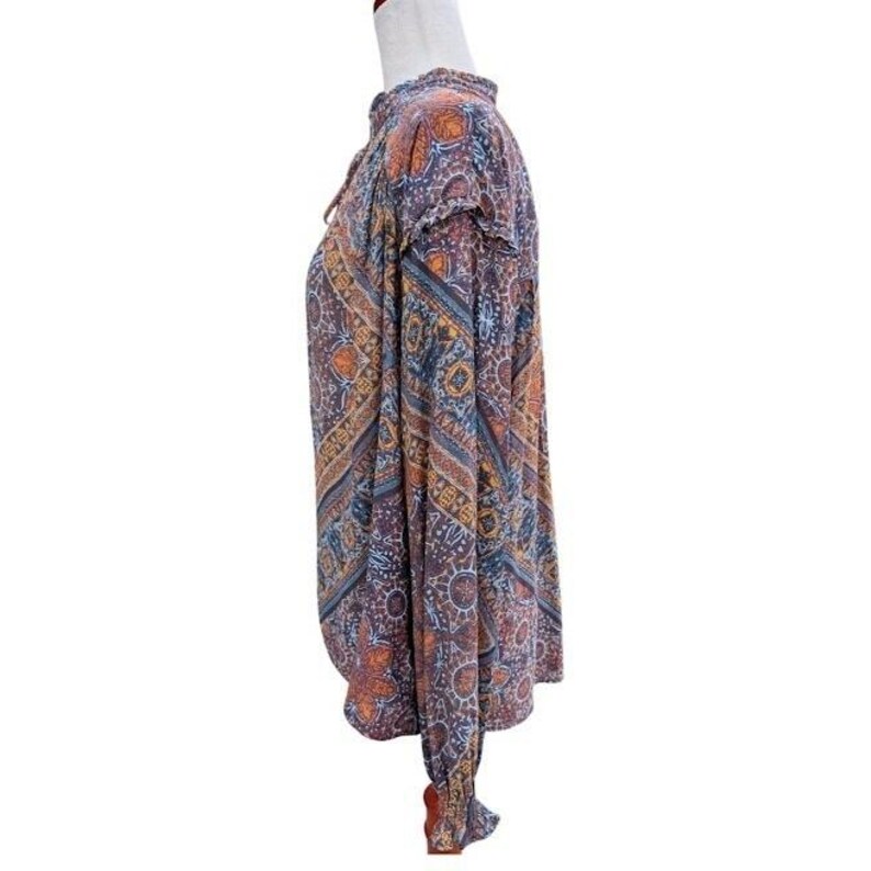 Free People Little Runaway Boho Paisley Print Tie Neck Blouse Women's Size M image 3