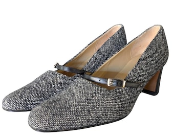 vintage Talbots Made in Italy tweed Mary Jane escarpins à talons carrés noir blanc 8,5 m