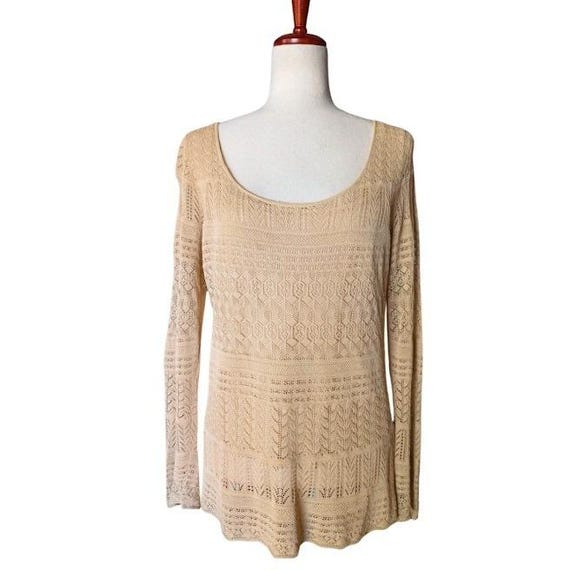 Ralph Lauren Black Label, Ralph Lauren Black Label Beige Crochet Knit Top with Silk Camisole Liner Size L