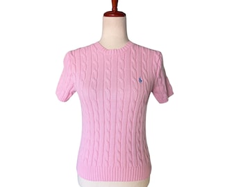 Polo Ralph Lauren Pink Cable Knit Short Sleeve Sweater Blue Pony Logo Size M