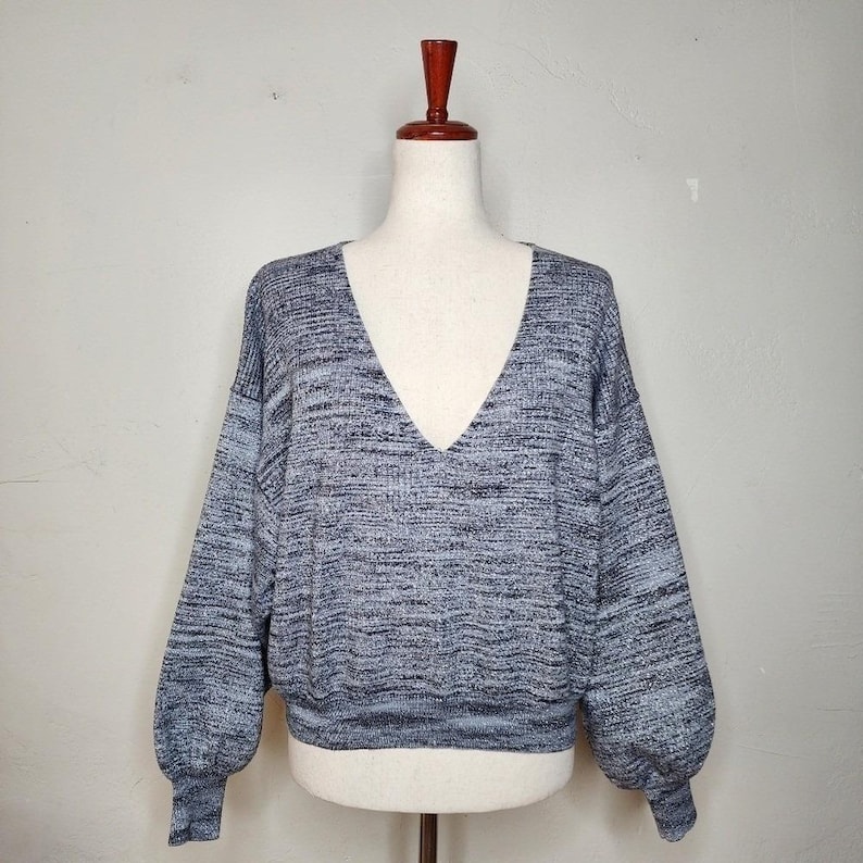 Free People Metallic Silver Balloon Sleeve V Neck Sweater Size Small image 1