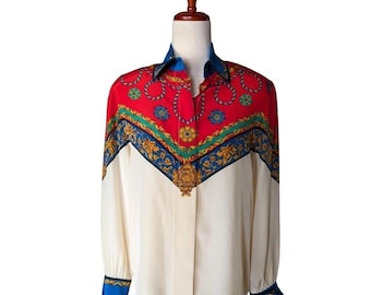 Cache vintage Chemisier imprimé foulard baroque 100 % soie Rouge crème bleu Or Taille 6