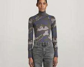 G-Star Raw Lecite AO Slim Turtleneck Top Magna Deco Camo Blue Grey D18540-C340 S