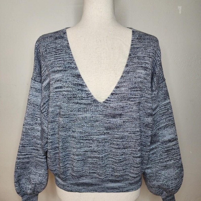Free People Metallic Silver Balloon Sleeve V Neck Sweater Size Small image 2