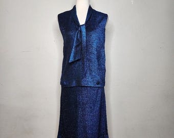 Vintage 60's Beeline Fashions Metallic Blue Sleeveless Top and Skirt Set