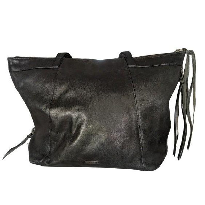 Joe's Jeans Black Leather Tote Bag Tassel Expandable Shoulder Bag Distressed Bild 2