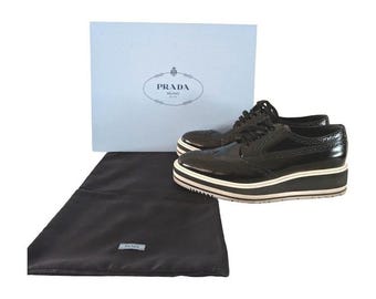 PRADA Black Patent Leather Wingtip Brogue Platform Oxfords Women's SZ 39 IOB
