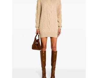 SER.O.YA Women Oatmeal Beige Cable Knit Hooded Sweater Mini Dress XXS New