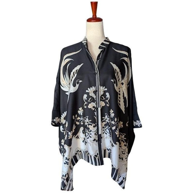 Johnny Was Katia Oversized Blouse Bird of Paradise Silk Blend Black White S/M image 1