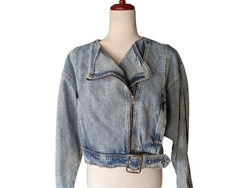 Zara - Veste de moto courte en denim délavé à l'acide pour femme Bleu M 6164/109/406