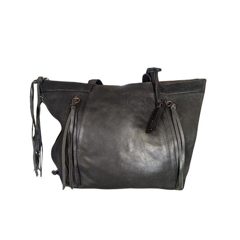 Joe's Jeans Black Leather Tote Bag Tassel Expandable Shoulder Bag Distressed Bild 10