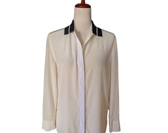 Chemisier en soie Rag & Bone crème boutonné avec col côtelé contrastant Petit
