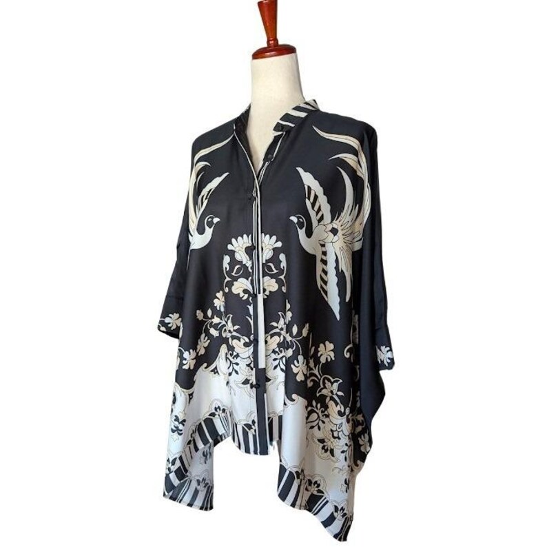 Johnny Was Katia Oversized Blouse Bird of Paradise Silk Blend Black White S/M image 2